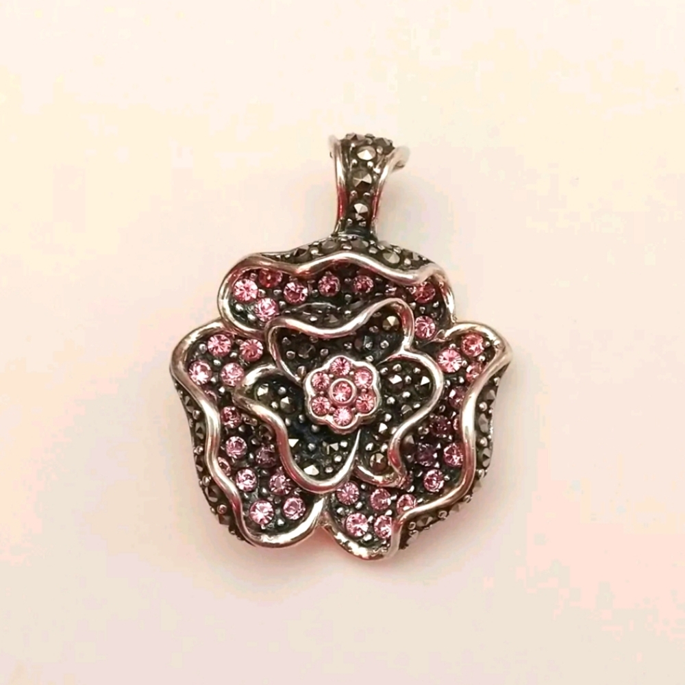 925 Pink Rhinestone Marcasite Flower Pendant Marked A Thailand